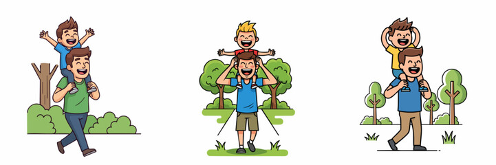 Flat Line Illustration Father and Son Bonding Time Outdoor Activity Set