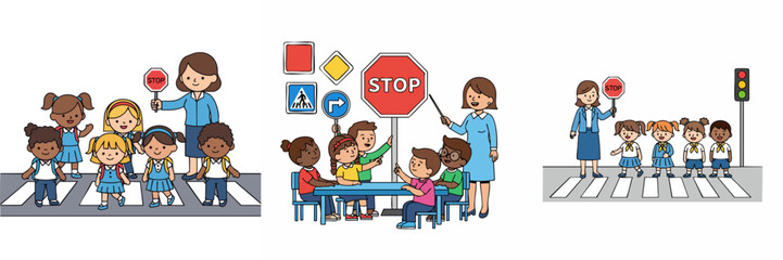Cartoon Illustration Set of Children Learning Traffic Rules with Teacher
