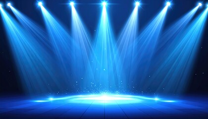 A dark stage illuminated by several bright, blue spotlights shining down and illuminating an area with sparkles
