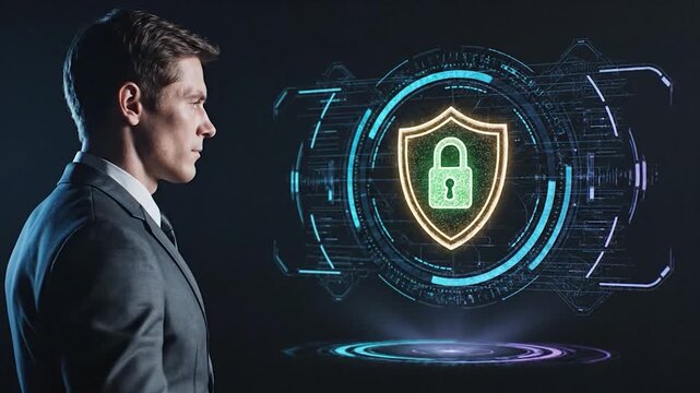 Cybersecurity Protection - Man Interacting with Digital Shield for Data Security.