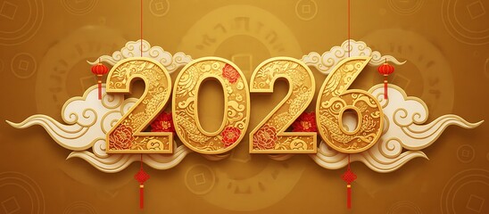 Elegant Decorative Gold 2026 Number with Clouds and Lanterns for Chinese New Year