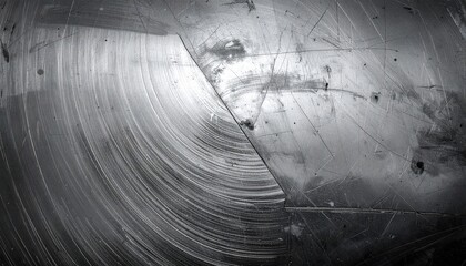 Circular scratches and smudges on a shiny, silvery, reflective surface in high contrast monochrome