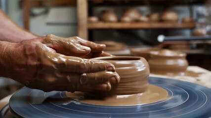 Crafting clay pot on spinning wheel: mastery in pottery art