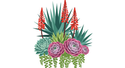 Obraz premium Vibrant botanical arrangement featuring blooming red aloe vera, purple echeveria succulents, and cascading string of pearls plants.