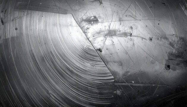 Circular scratches and smudges on a shiny, silvery, reflective surface in high contrast monochrome - Powered by Adobe