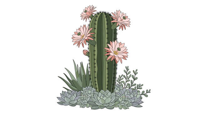 Hand-drawn botanical composition of a tall saguaro cactus blooming with pink flowers, nestled among various green succulent plants.
