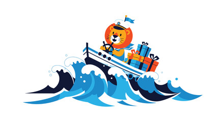 Fototapeta premium A brave lion sailor character at the helm of a ship, navigating through big ocean waves with a stack of gift boxes.