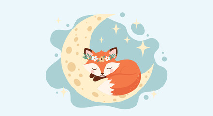 Sweet baby fox with a flower crown sleeping peacefully on a crescent moon under twinkling stars in a dreamy night sky illustration.