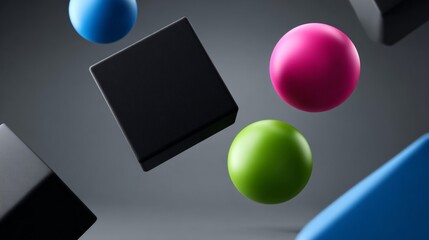 A collection of colorful balls and cubes in the air. The balls are green, pink, and purple, and the cubes are black. Concept of playfulness and creativity, as the balls