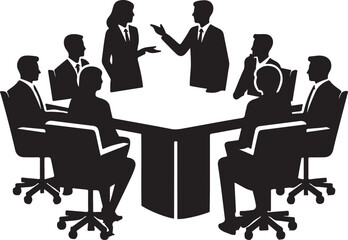 Silhouette illustration of a group of business professionals discussing around a conference table in a meeting or presentation.