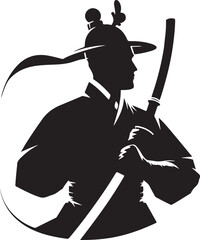 A black silhouette depicts a Korean warrior in profile, wearing traditional headwear with ornate adornments and holding a sheathed weapon against a white background.