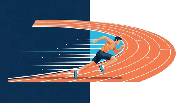 Dynamic athletic runner in full sprint on a curved track, showcasing impressive speed and powerful motion with a modern graphic design