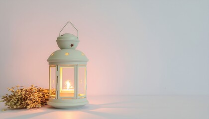 A white lantern with a lit candle inside sits next to a bunch of dried flowers on a plain surface during Ramadan.