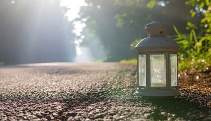 A lantern sits on a gravel path surrounded by greenery and backlit by warm sunlight during Ramadan.