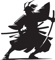 Dynamic silhouette of a samurai warrior, poised for battle with a katana, showcasing ancient Japanese martial arts and tradition.
