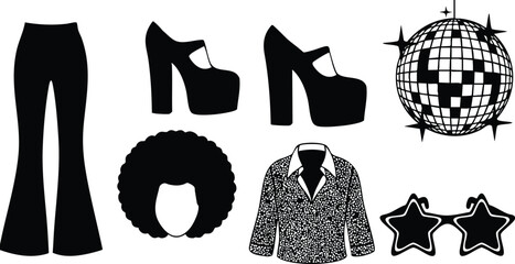 Retro 1970s flat design disco fashion icons bellbottom pants platform shoes afro wig glitter jacket star sunglasses mirror ball vector set high angle isolated black white