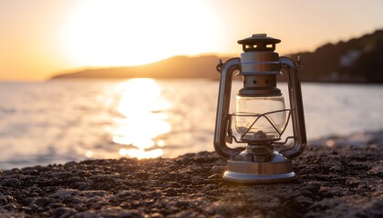 A vintage lantern sits on a sandy beach at sunset during Ramadan, with warm hues reflecting on the calm water.