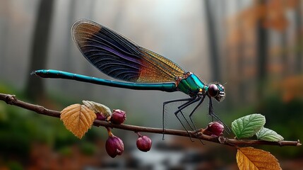 A dragonfly is perched on a leafy branch. The dragonfly is green and blue, and it is surrounded by red berries. The image has a peaceful and serene mood, as the dragonfly is in a natural setting