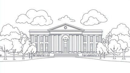 Classic Building Sketch, Park Setting, Line Art, Background, Peaceful, Illustration, Educational, Stock, Architecture