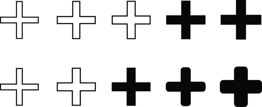 Set of black and white plus sign vector icons for add button medical cross mathematical addition and interface.