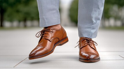 A man in a brown shoe and blue pants is standing on a sidewalk. The man is dressed in a professional manner, possibly for work or a formal event