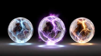 Three glowing orbs of different colors, one purple, one blue, and one orange. The orbs are lit up and appear to be floating in space