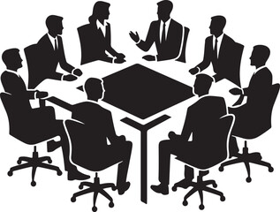 A diverse group of business professionals holds a meeting around a conference table, depicted as a black silhouette icon, signifying discussion and teamwork.