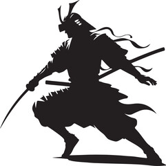 Powerful silhouette illustration of a Japanese samurai warrior with a katana, depicted in a ready-to-strike combat stance.