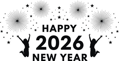 Happy New Year 2026 celebration illustration with fireworks silhouettes stars and festive typography design for holiday greeting projects © EdGe Creative