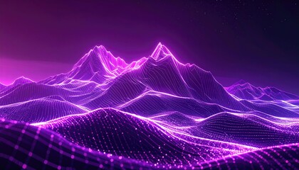Abstract landscape of neon purple mountains under a dark sky, rendered with digital grid patterns and bokeh effects