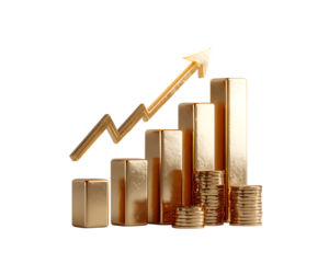 Gold bars and coins with rising arrow graph isolated on a transparent background