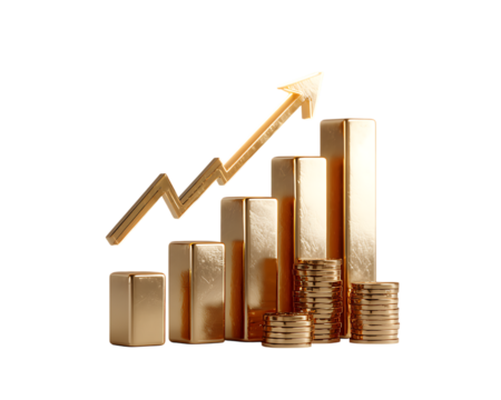 Gold bars and coins with rising arrow graph isolated on a transparent background - Powered by Adobe