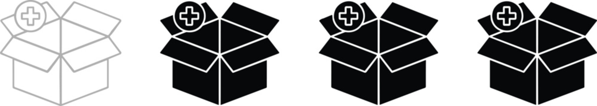 Cardboard box delivery icon set with plus symbol for add to cart inventory logistics shipping and e-commerce web.