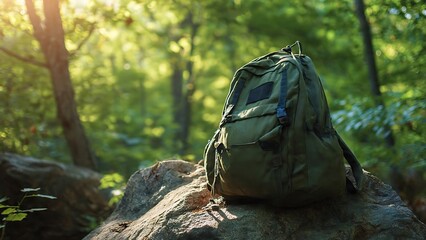 Hiking Backpack on Rock in Lush Green Forest Setting