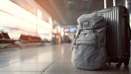 Backpack and Luggage in Empty Airport Terminal Ready for Travel