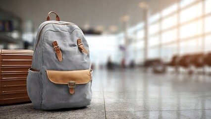 Stylish Backpack Next to Luggage in Modern Airport Terminal Setting