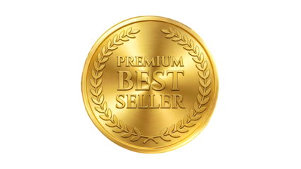 Gold seller medal with laurel wreath isolated on a transparent background badge