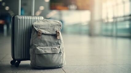 Backpack and Suitcase on Modern Airport Floor Ready for Travel