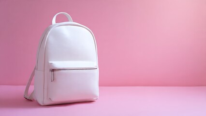 Minimalist White Backpack Placed on Soft Pink Background Surface