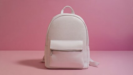 White Backpack Placed on a Pink Background with a Minimalist Style