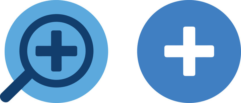 Blue vector icon set featuring magnifying glass with plus sign and add button for web interface and apps.