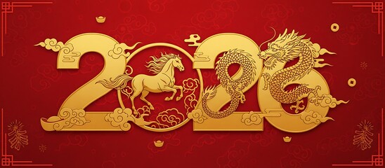 Elegant Golden Horse and Dragon Chinese New Year 2026 Celebration Design