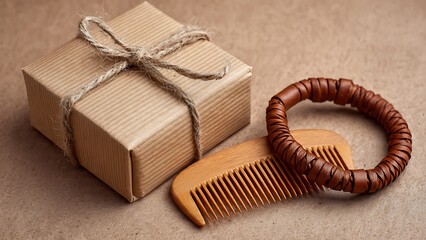 Brown Kraft Box Wrapped with Twine Next to Wooden Comb and Bracelet