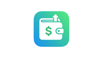 Gradient blue and green wallet with dollar sign and upward arrow isolated on a transparent background