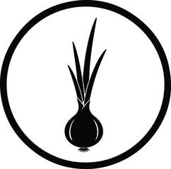 Silhouette of an onion with green sprouts inside a black circle Vector Illustration