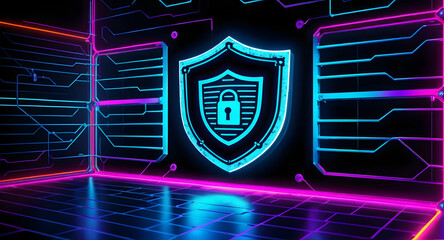 Neon shield with lock symbolizes cybersecurity threat landscape futuristic digital environment glowing blue and magenta conveying vigilance