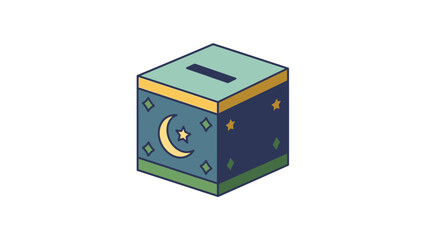 Obraz premium A colorful illustration of a donation box with a crescent moon and stars on a white background.