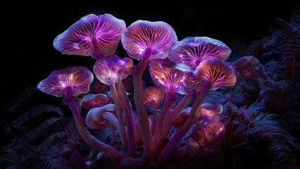 Glowing Giant Mushrooms in Cluster with Vibrant Colors in Darkness