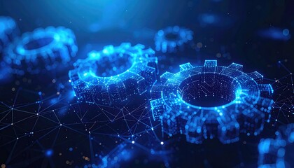 Glowing blue digital gears interconnected with a network of lines against a dark background, conveying technology