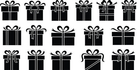 Gift box icons, black silhouette, ribbon and bow, wrapping styles, festive graphic, holiday symbol, present shape, vector design, minimal icon, monochrome gift